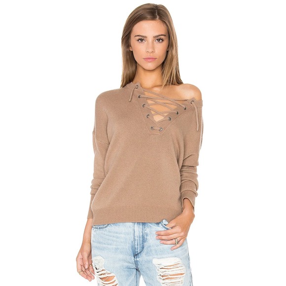 360 Cashmere x Rocky Barnes 100% Cashmere Dylan Lace Up Tan Sweater Small - Picture 2 of 7